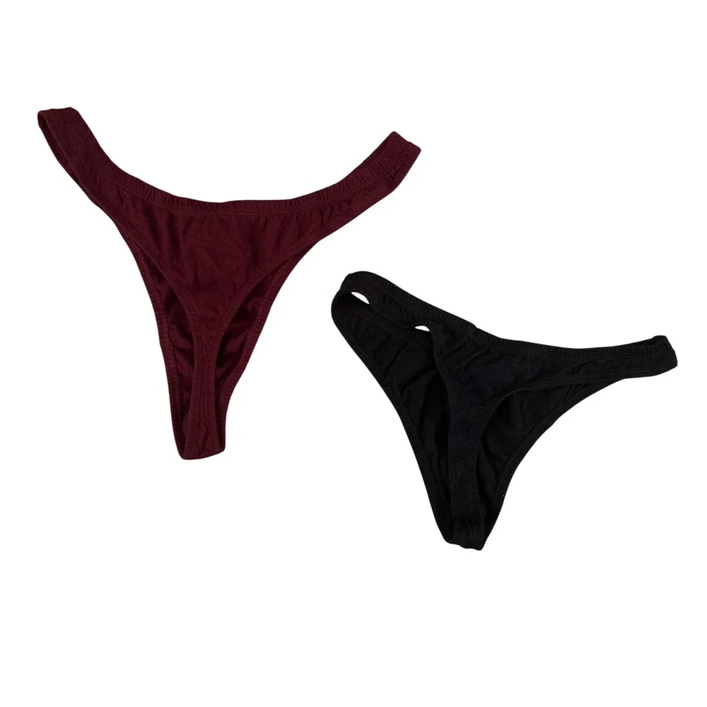 Joe Boxer Mens String Bikini Thong‎ Underwear 2 Pack Black Burgundy Large Medium